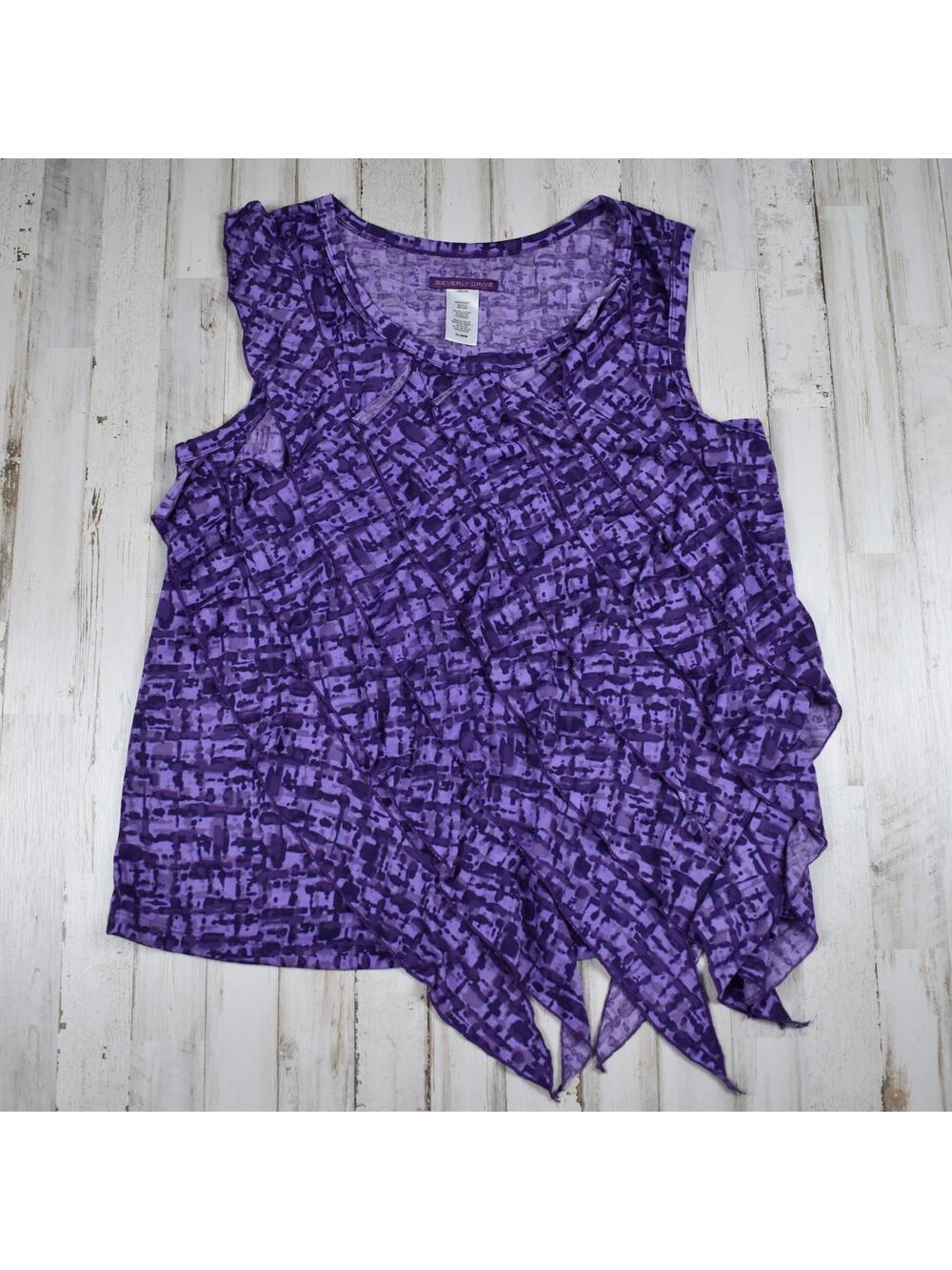 Purple Abstract Print Ruffle Tank Top Blouse Women Size 16 L XL Sleeveless Knit